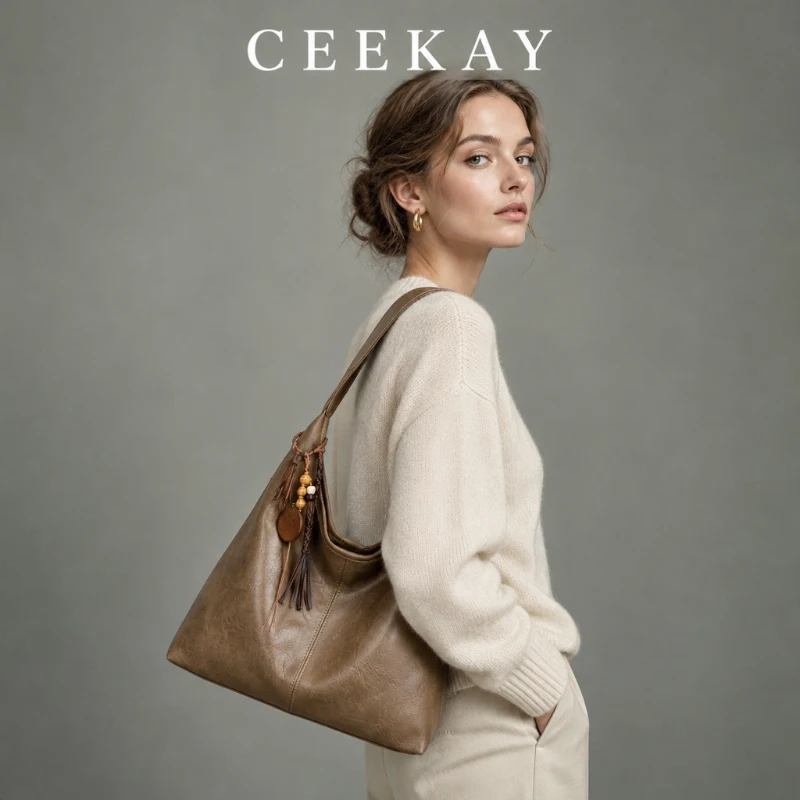 CEEKAY Soft Leather Hobo Bag Top Handle Beaded Charm Tassel Versatile Everyday Commute Casual Large Capacity Purse Women