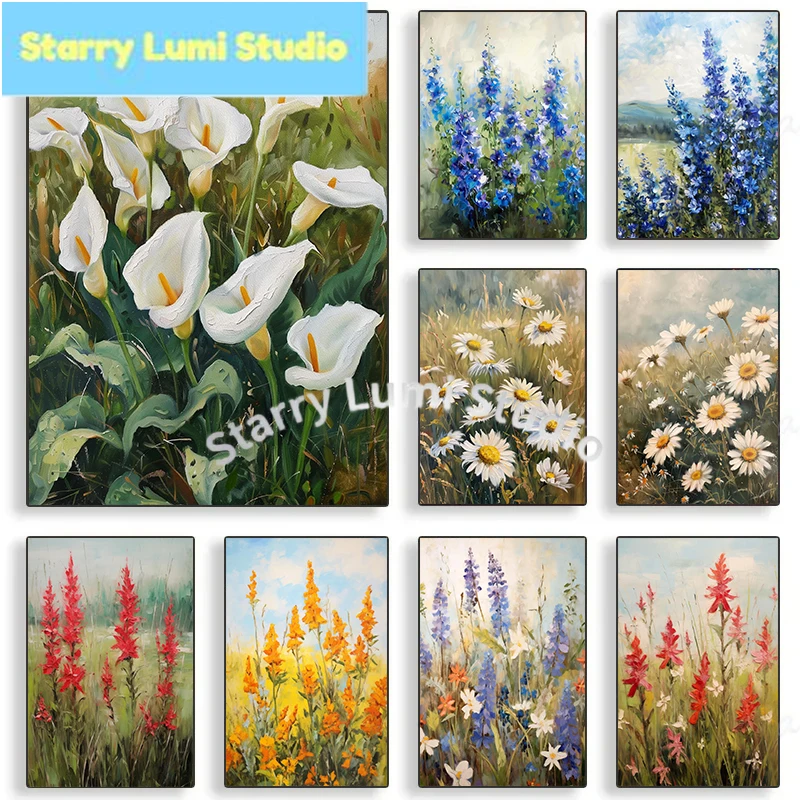 Impressionist Wildflower Calla Lily Blue Delphinium and Daisy Poster Diamond Painting for Farmhouse Dining Room Cafe Decoratio