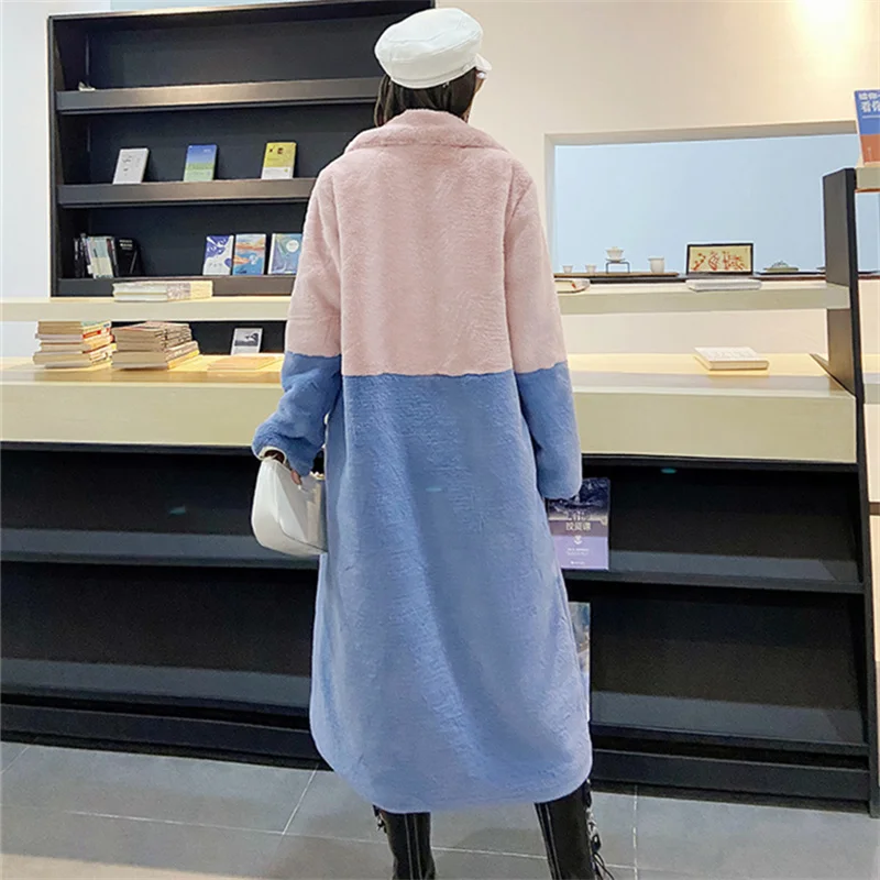 معطف نسائي من الفرو الصناعي شتوي سميك دافئ كبير الحجم ملابس خارجية فضفاضة 2025 لون فسيفساء معطف فرو شعر أرنب تقليد #4