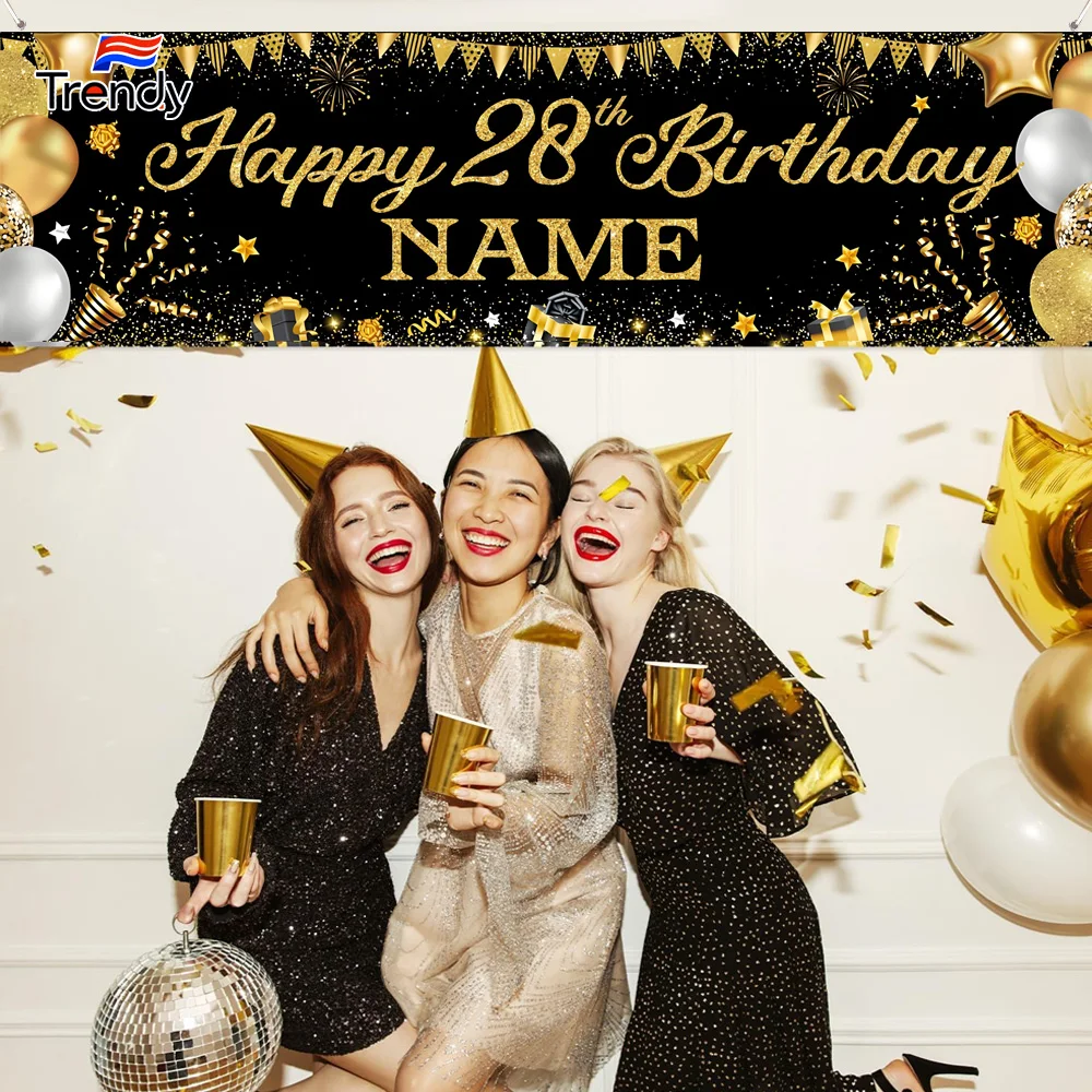 

Personalized Birthday Banner Happy Birthday Party Decor Gold Black Women Birthdays Backdrop Custom Name Age Background 30th