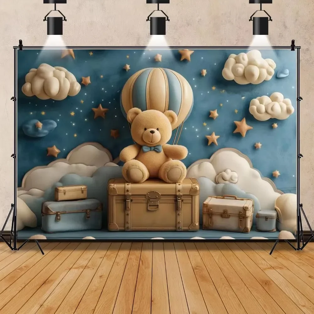 Miś Baby Shower Backdrops Hot Air Balloon Star Boy 1st Birthday Party Decor Photography Background Photo Studio Props