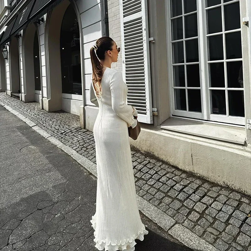 Elegant White Knitted Wedding Guest Dress Woman Ruffle Flare Long Sleeve Backless Lace Up Lacework Fishtail Vacation Sundress