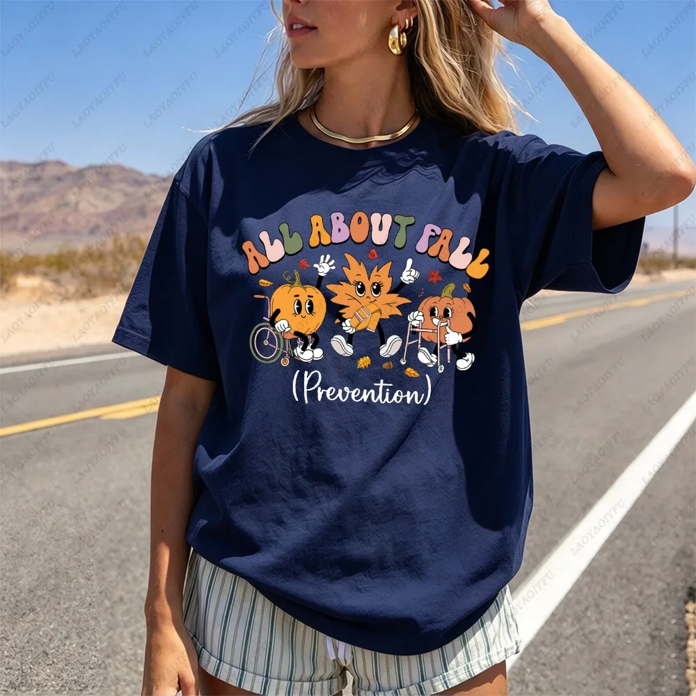 All about Fall Prevention Pumpkin Leaf Graphic Women Casual Short Sleeve Cotton T-Shirt Funny Physical Therapy Therapy Tee Tops