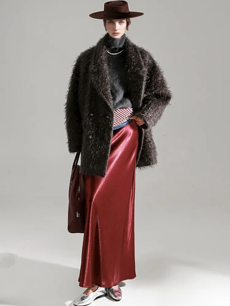 Damski luksusowy płaszcz z mieszanki moheru, wełny i kaszmiru, dwurzędowy, z kołnierzem garniturowym, luźny, ciepły płaszcz na jesień i zimę, jednolity kolor.