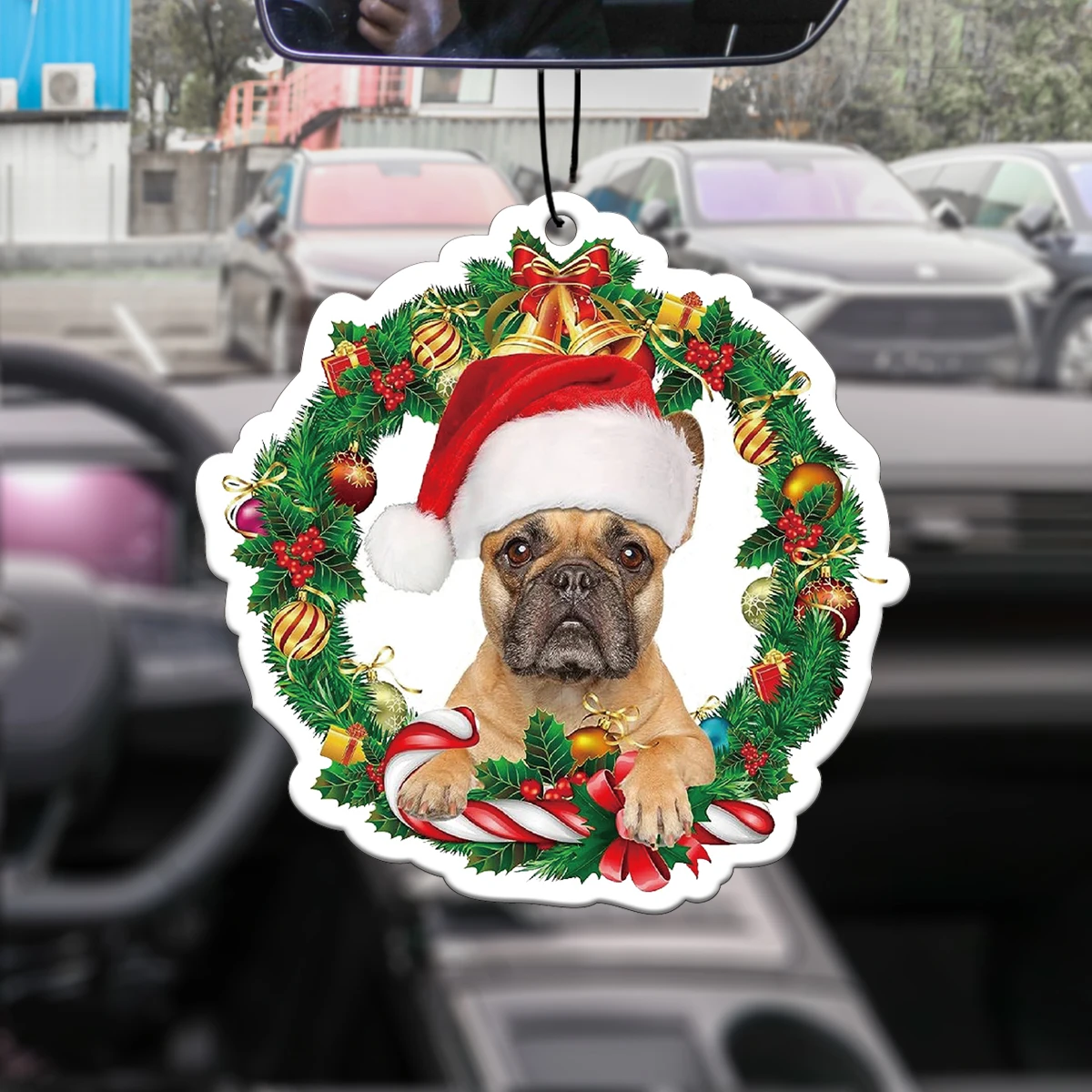 Christmas French Bulldog Santa Hat Wreath Hanging Car Air Freshener, Plant‑Extracted Fragrance Alcohol‑Free, 60‑90 Days Long Las