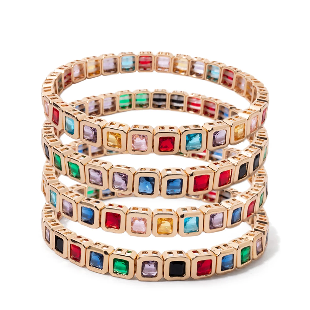 6x6mm Suqare Shape Enamel Bangle For Women Gold Color Chess Charm Elastic Bracelets