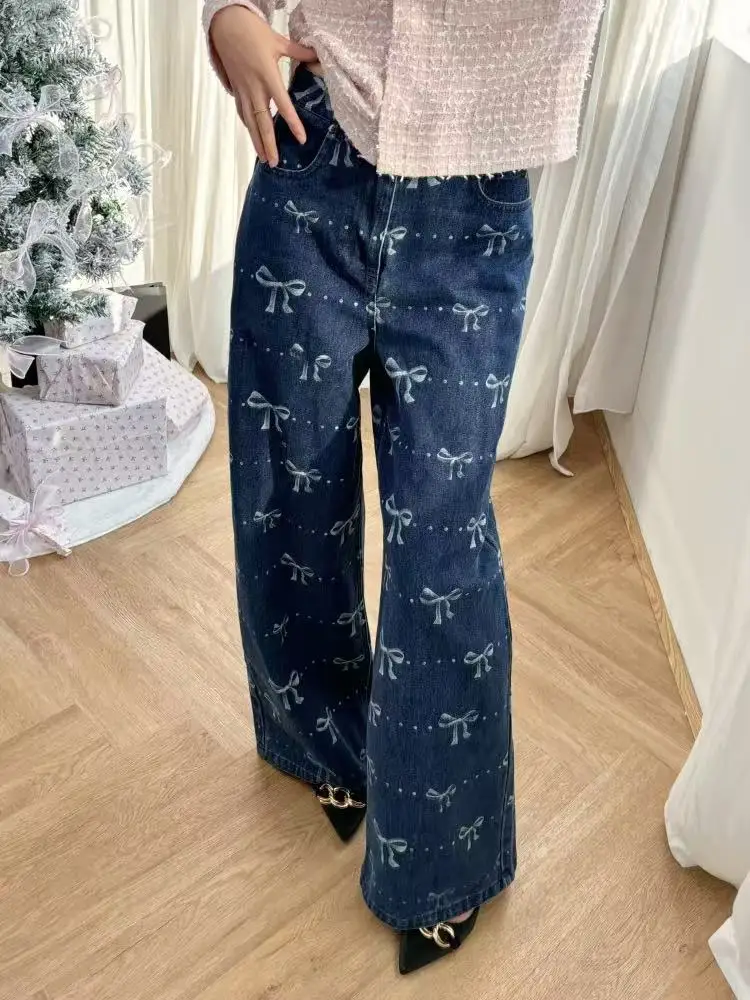 Early Spring New Fashion Blue Bow Printed Jeans Women Casual Washed Denim Wide-leg Pants Ladies