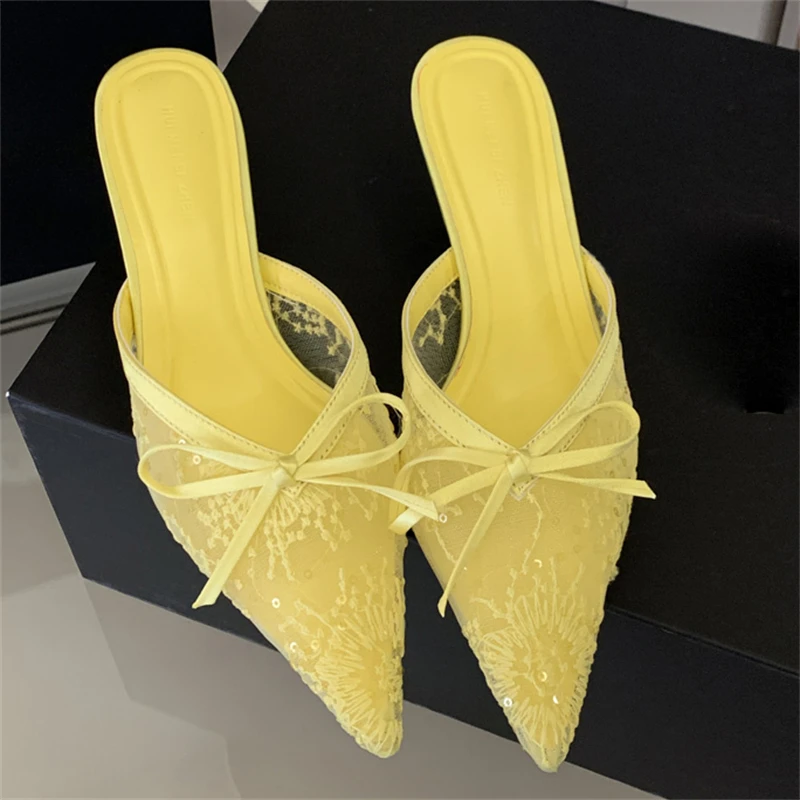 

Eilyken Butterfly-knot Thin Low Heels Women Slippers Fashion Elegant Breathable Mesh Pointed Toe Mule Summer Shoes