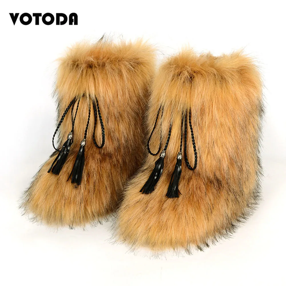 

Women Fuzzy Boots Winter Furry Shoes Fluffy Faux Raccoon Fur Snow Boots Female Outdoor Flat Footwear Fashion Tassel Ankle Boots