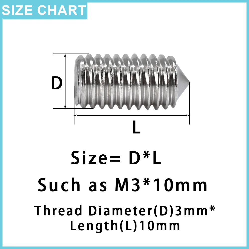 DIN914 Set Screw Hex Hexagon Socket Cone Point Grub Screw M2 M2.5 M3 M4 M5 M6 M8 M10 304 Stainless Steel Allen Head Set Screws