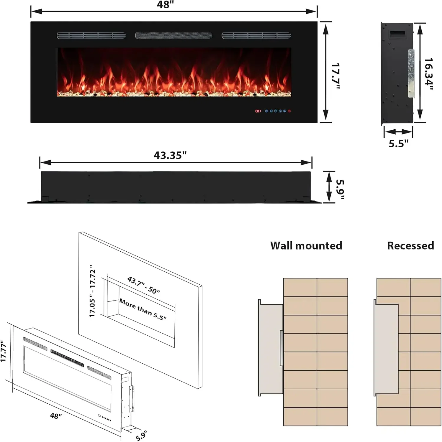 Fireplaces Inserts, Recessed & Wall-Mounted Fireplace Heater with Thermostat, Multicolor Flames,Timer, Log & Crystal, 750/1500W,