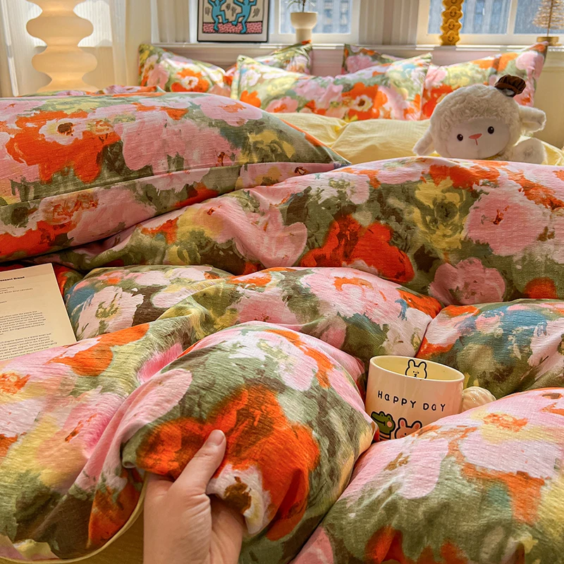 Juego de Ropa de Cama de Gasa de Doble Capa con Estampado Floral, Juego de Sábanas Individual/Queen/King, Ropa de Cama Suave Doble