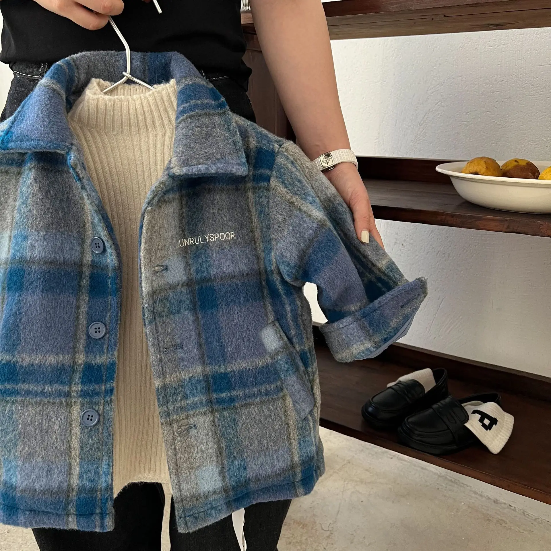 Children's jacket 2024 winter new boys and girls woolen plaid jacket baby padded shirt jacket