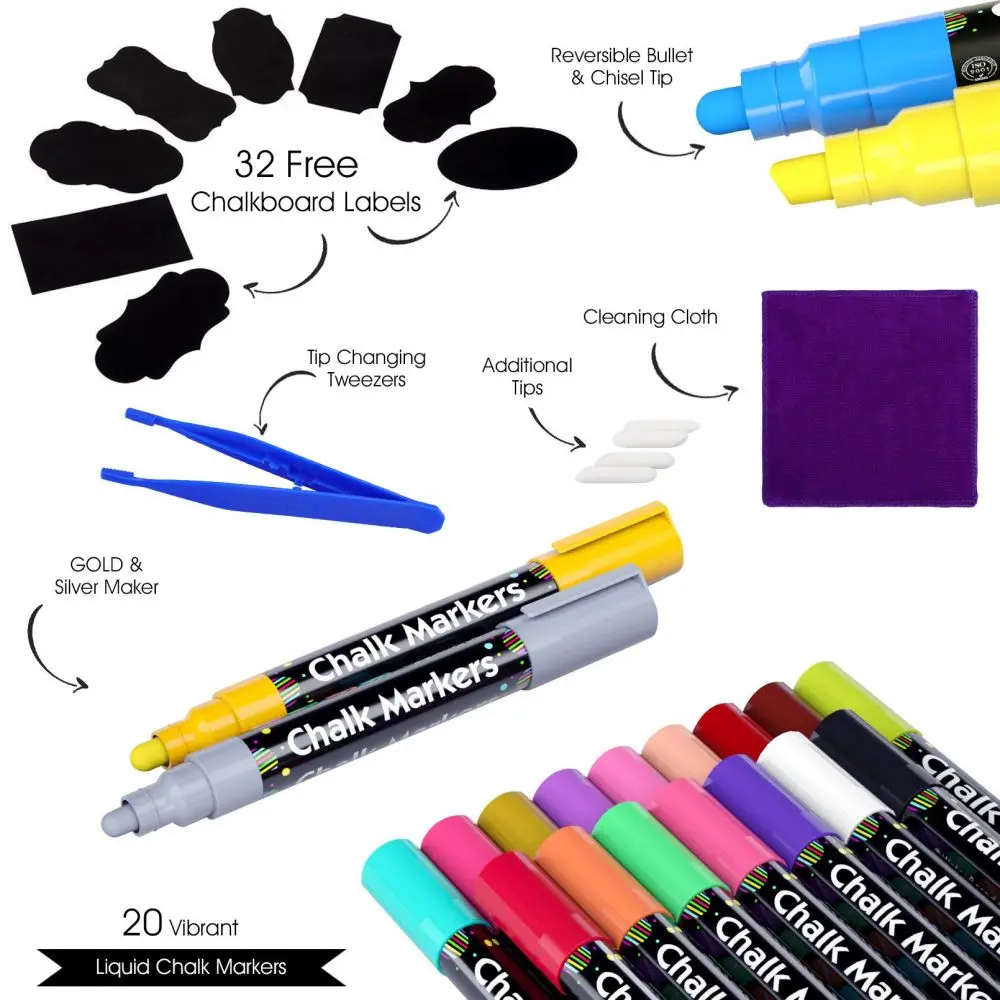 1 Set of 20 Bright Colored Erasable  Marker Pens, Liquid Chalk,Suitable for Blackboard,Window, Label,Mirror,Learning Stationery