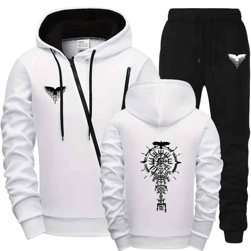 

2025 Premium Mens Tracksuit Diagonal Zipper Hoodie with Sweatpants Motorcycle Outfit Urban Streetwear Raven Print Clothes