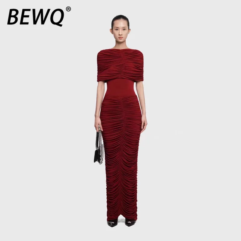 

BEWQ Fashion Women's Elegant Dress Slash Neck Irregular Pleated Slim High Waist Solid Color Evening Party Dress 2025 Autumn New
