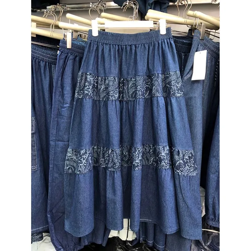 Floral Stitching Denim Skirt Women's Spring Summer Cake Skirt 2026 New Plus Size Slim A-word Big Swing Skirt