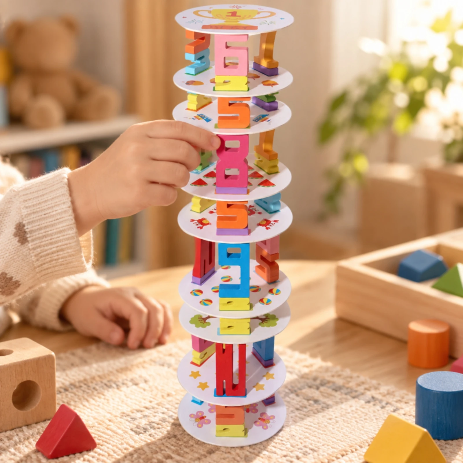Arithmetic Learning Toy with Blocks Preschool Counting Practice Toy with Cards Math Stackers Chunky Sensory Learning Tool Bright