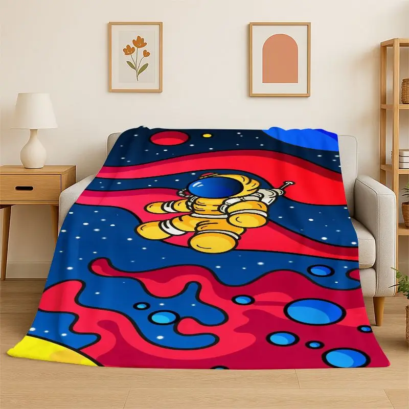Cartoon Astronaut Spaceman Planet Flannel Blanket Soft Throw Blanket for Bedroom Living Room Bed Travel Camping Nap Cover Gift