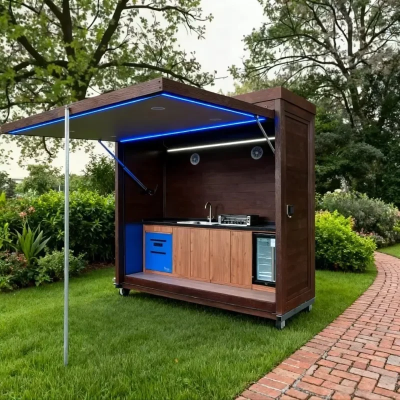 FL FL Smart Electric Folding Door Aluminum Complete Prefab Outdoor Pizza Foldable Kitchen with BBQ Grill and Ice Bar Custom