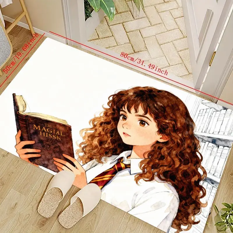 

1PC Anime Magic Girl Reading Book Floor Mat, Cute Wizard Student Aesthetic Area Rug, Fantasy Library Theme Non-slip Carpet for B