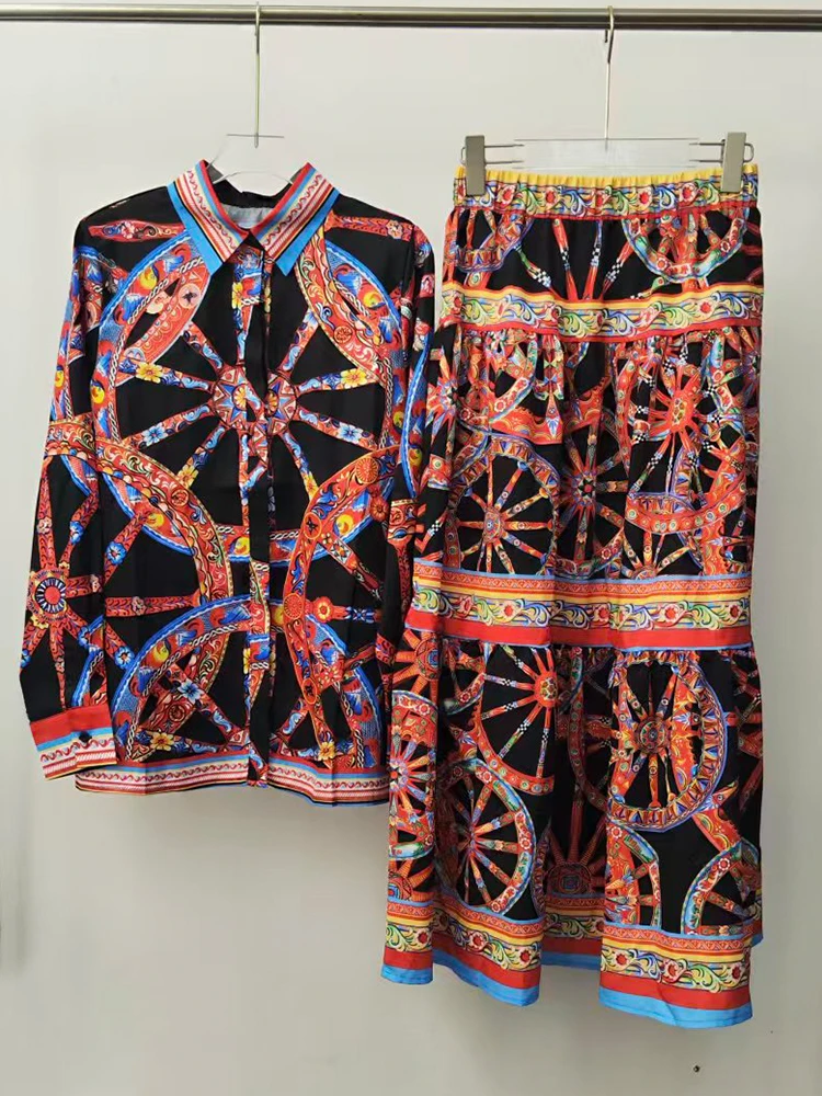 Designer Retro Geometric Print Lapel Straight Shirt Suspenders Two-piece Set 2026 Autumn Women's Clothing + Loose Skirt Suit