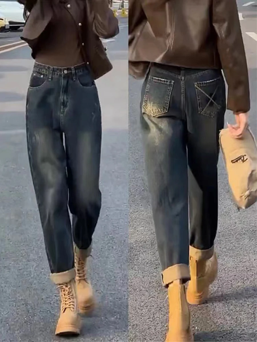 

High Waist Elastic Harlan Denim Jeans Women's Straight Leg Dad Pants Spring Casual Cotton Stretch Blue Color Ladies Jeans