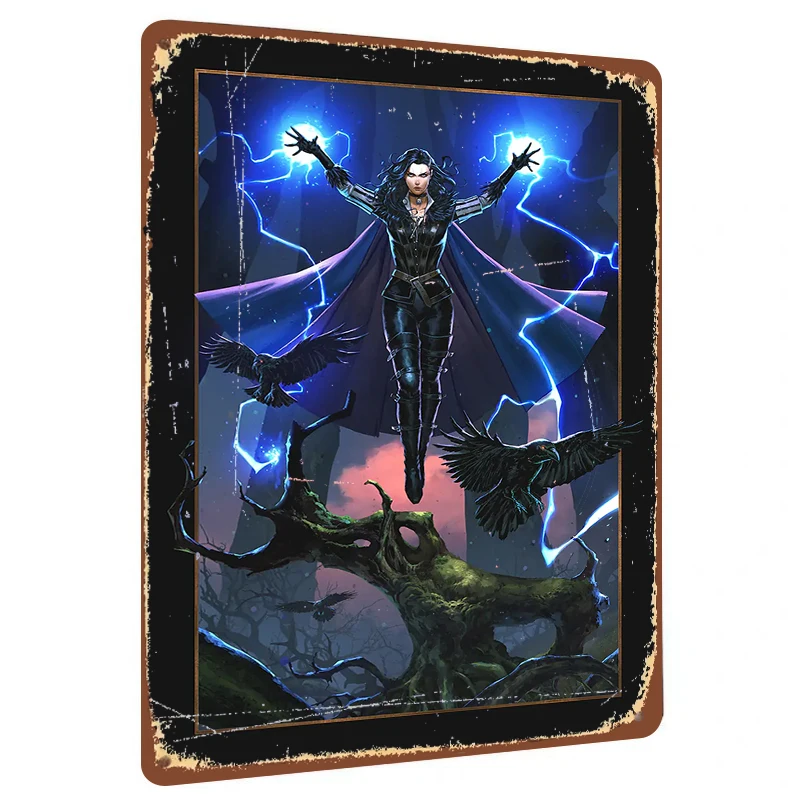 Dark Fantasy Witch Crow Lightning Magic Metal Tin Sign Home Decor Wall Art