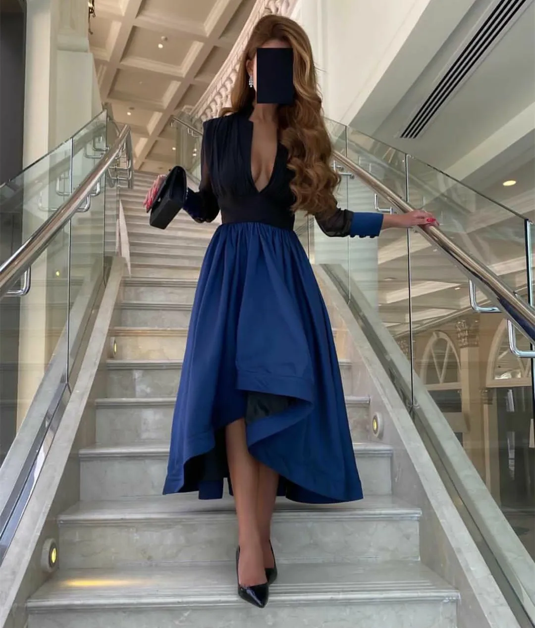 

Customized Hi-Lo Blue V-Neck Evening Dresses A-Line Satin فساتين السهرة Robes de soirée Zipper Formal Party Dress fo