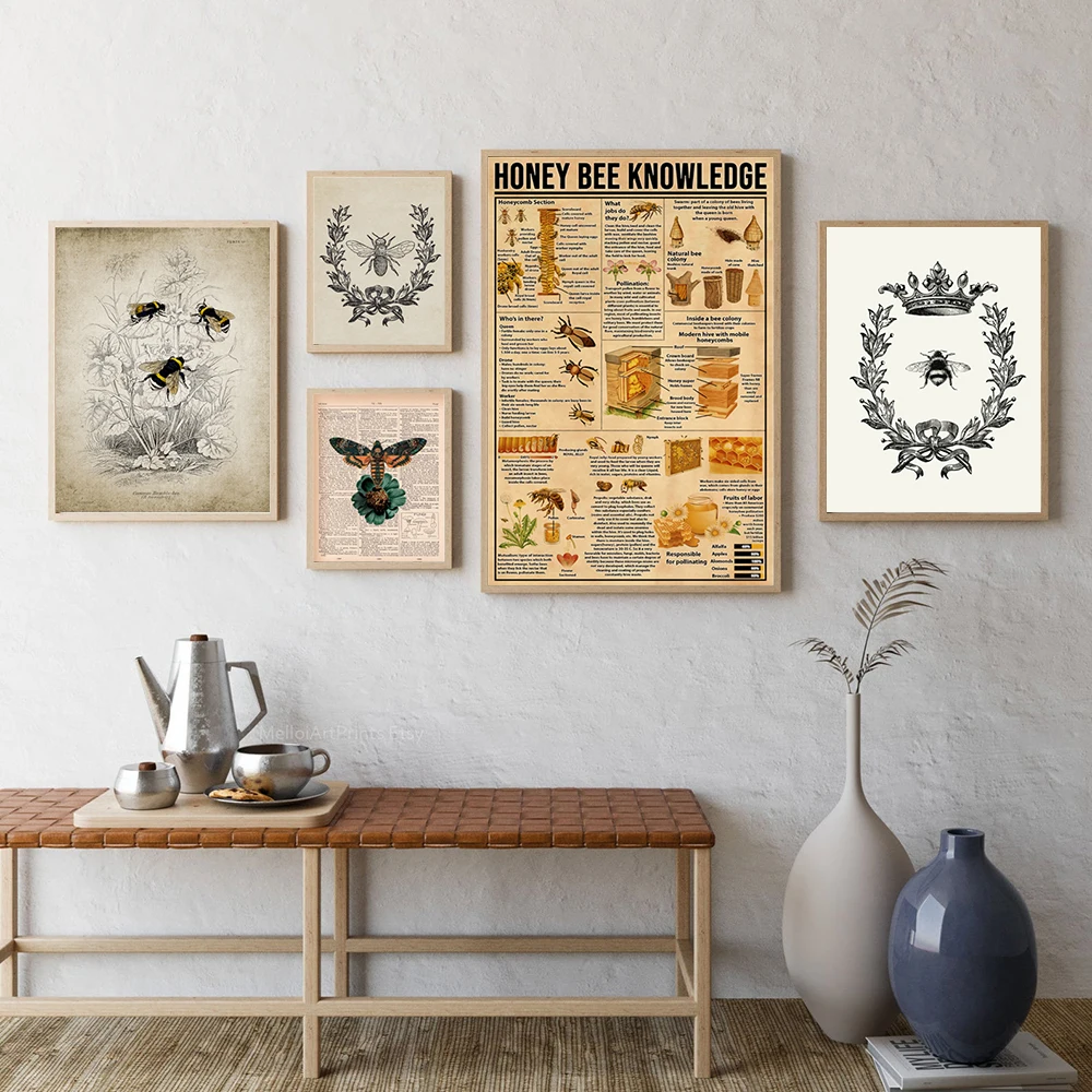Bee Queen Prints Rustic Wall Art Picture Farmhouse Decor , Bee and Wreath Vintage Poster French Country Home Art Canvas Painting