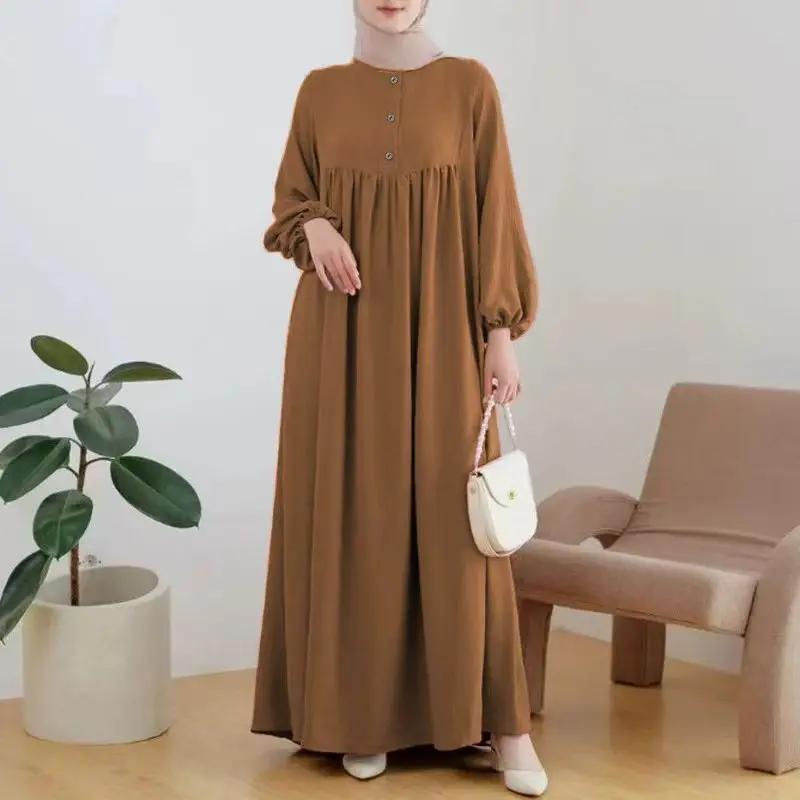 

2024 Muslim Women's Robe Spring And Autumn Fashion Casual Bubble Sleeve Simple Solid Color Dress