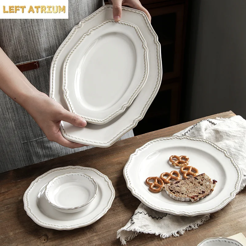 Vintage Relief Ceramic Plate Steak Plate Soup Plate Pasta Salad Plates Fish Dish Soup Bowl Ramen Bowl Court Style Tableware
