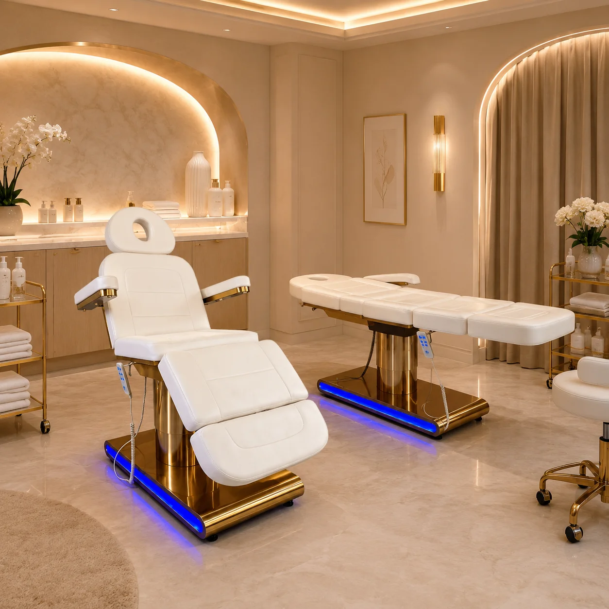 Electric Beauty Bed 3 Motors Gold Base LED Light Remote Control Fully Adjustable For Professional High-end Medical Spa Clinic