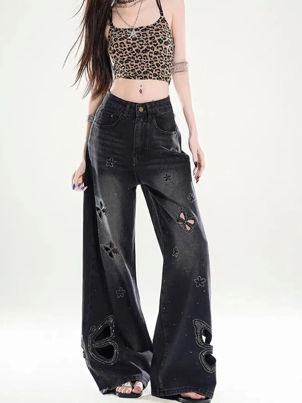 Y2K Heavy Duty Embroidered Denim Pants Women Summer High Waisted Bow Lace Up Wide Leg