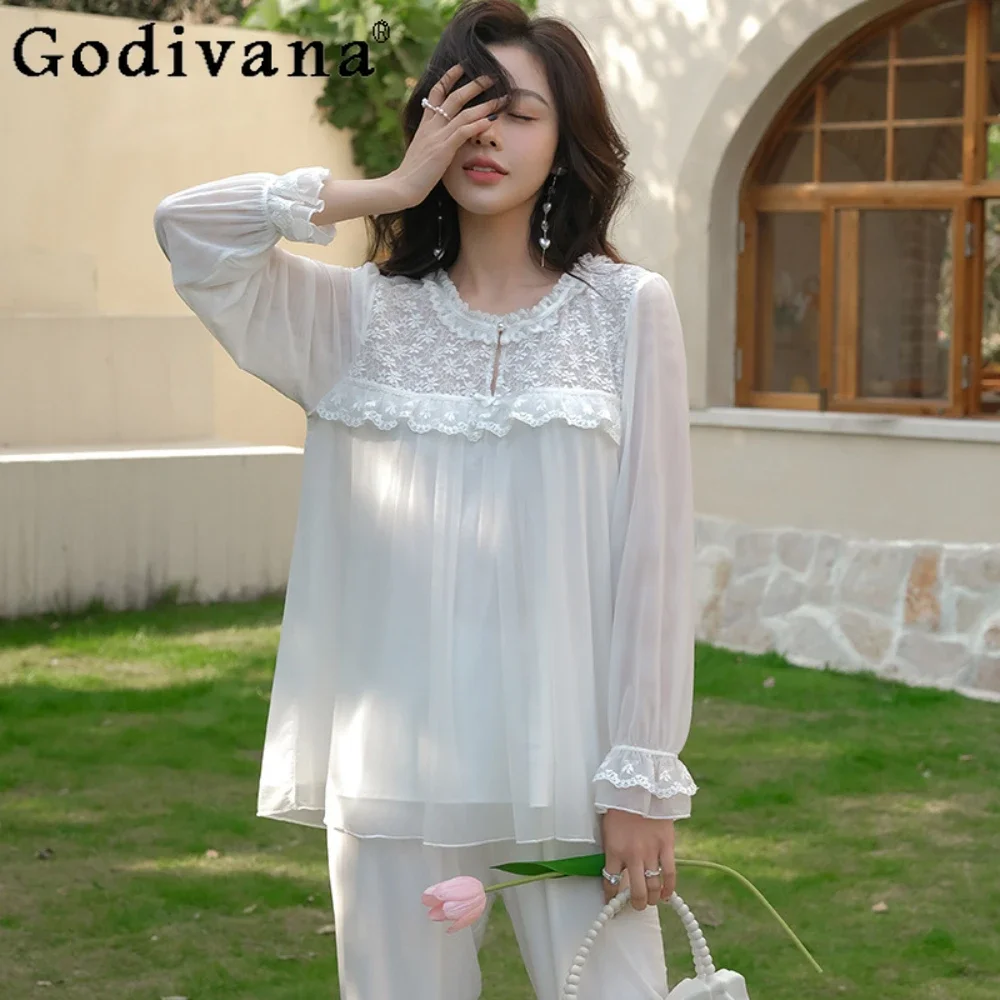 Court Princess Women's Sleepwear Spring and Autumn Long Sleeve Lace Sweet Nightgowns Casual White Pijama Set Homewear