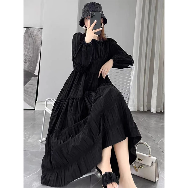 

plus Size A-Line Dress round Neck Midi Dress Women's Autumn Versatile Meat Concealing Korean Style Commute Wind Long Sleeve