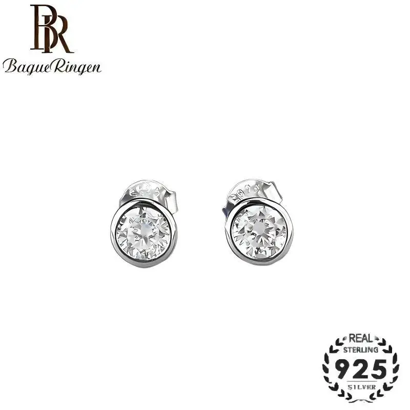 BR S925 Silver Gold Plated 5.0mm Round Single Diamond Studs Zircon Earrings Delicate Versatile Fashion Jewelry Gift for Women