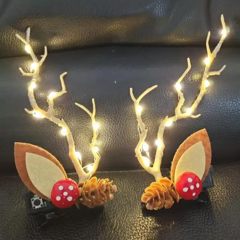 New Luminous Antler Hairpin Deer Ears Shape Side Bangs Clip With Small Lanterns Pine Cone Hair Clips Christmas Hair Accessories