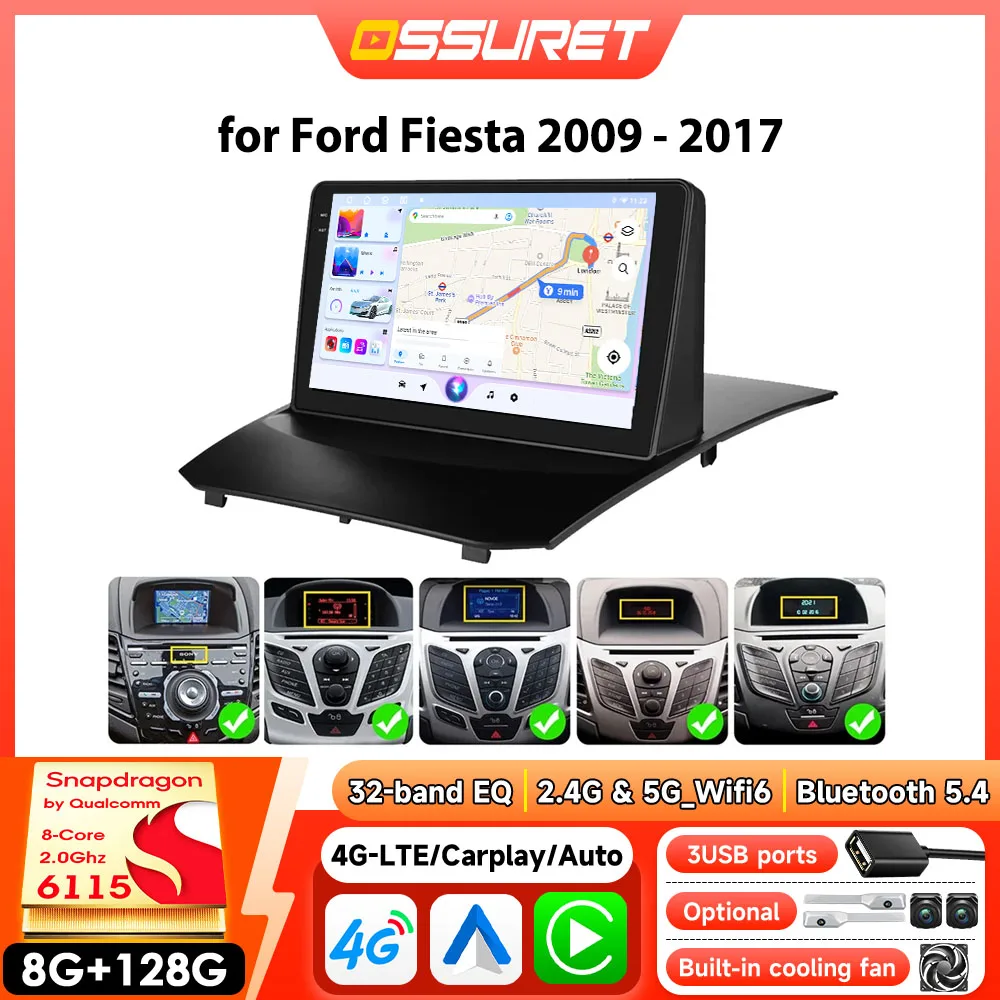 Autoradio Android 6115 pour Ford Fiesta 2009-2017, Carplay sans fil, Auto 4G, DSP intelligent, multimédia, GPS, compatible Sony