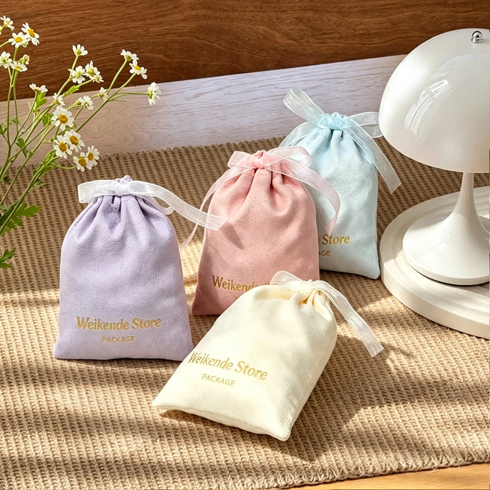 50Pcs Personalized Logo Flannel Drawstring Jewelry Pouch with Organza String Gift Packaging Bag for Cosmetics &Party Favors Sack