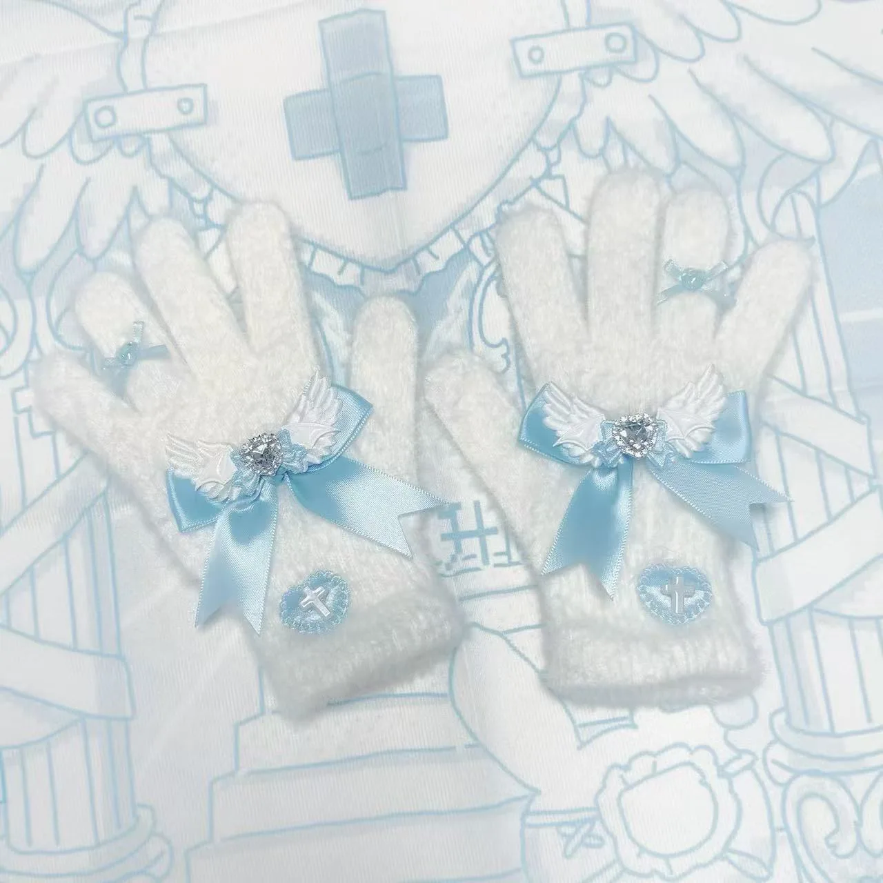 

Kawaii Diamond Blue Water Color Angel Wing Landmine Gloves Winter Y2K Women Lolita Bow Tie Fullfinger Gloves Mittens