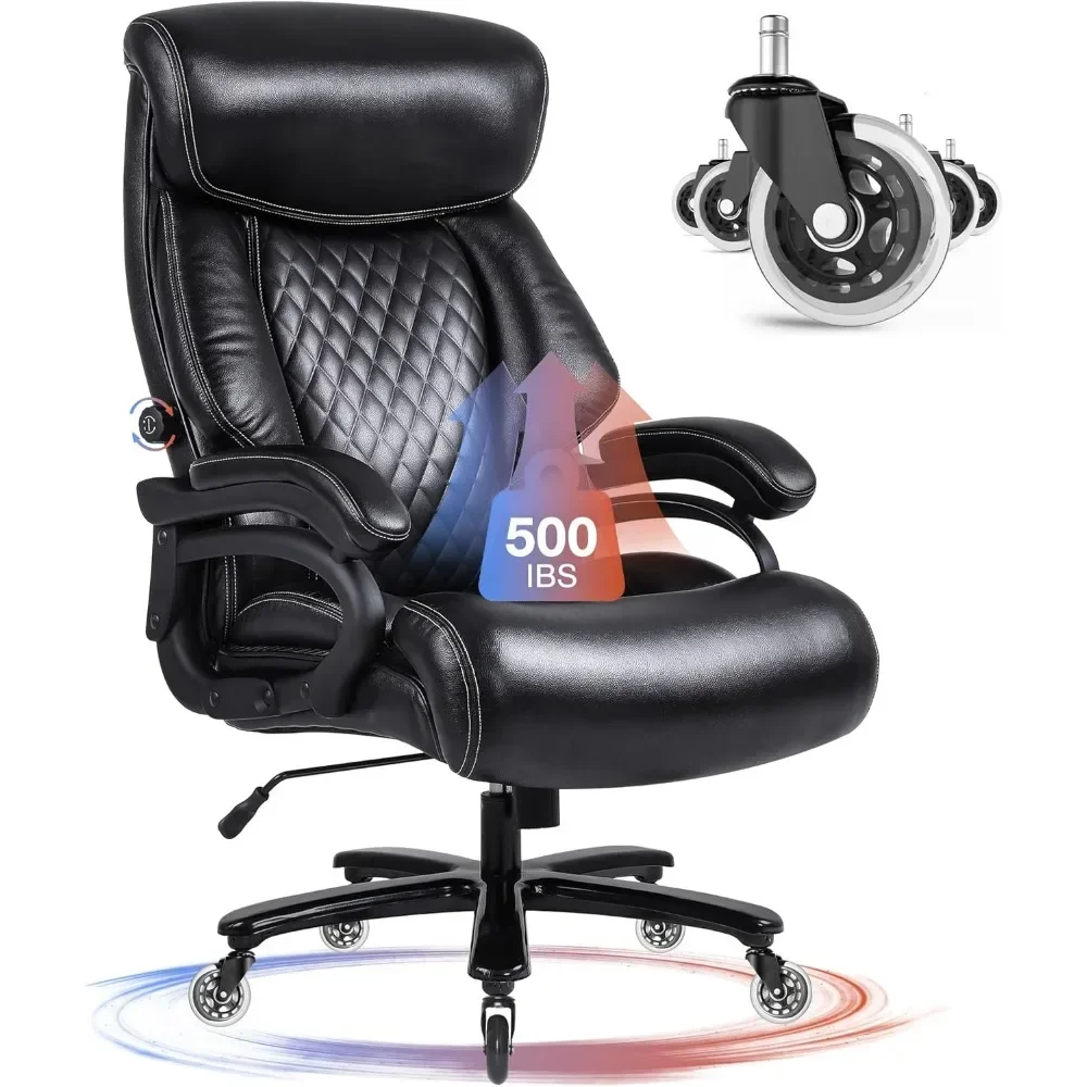 Office Chair, Weighing 500 Pounds, with Silent Rubber Wheels, High Backrest Leather, and Dual Adjustable Lumbar Support