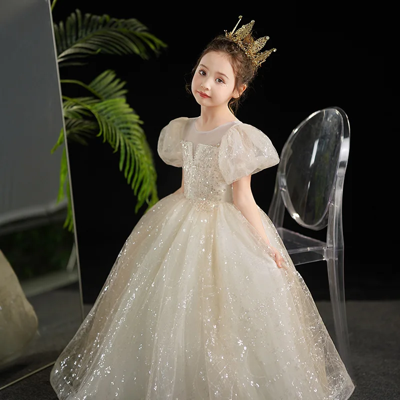

2024 Flower Girls Wedding Dress Birthday Party Princess Dresses Children Host Piano Performance Shiny Sequin Beaded Gown