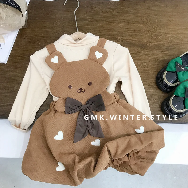 

Korean Autumn Girls' Dress Half Turtleneck Base Shirt+Little Bear Strap Lantern Dress