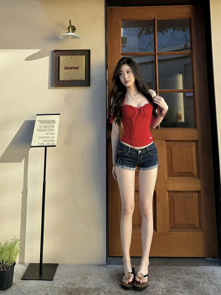American Retro Low Waist Cuffed Denim Super Shorts Women's Summer Thin Sexy Spicy Girl Body Shaping Hot Pants Braided Style
