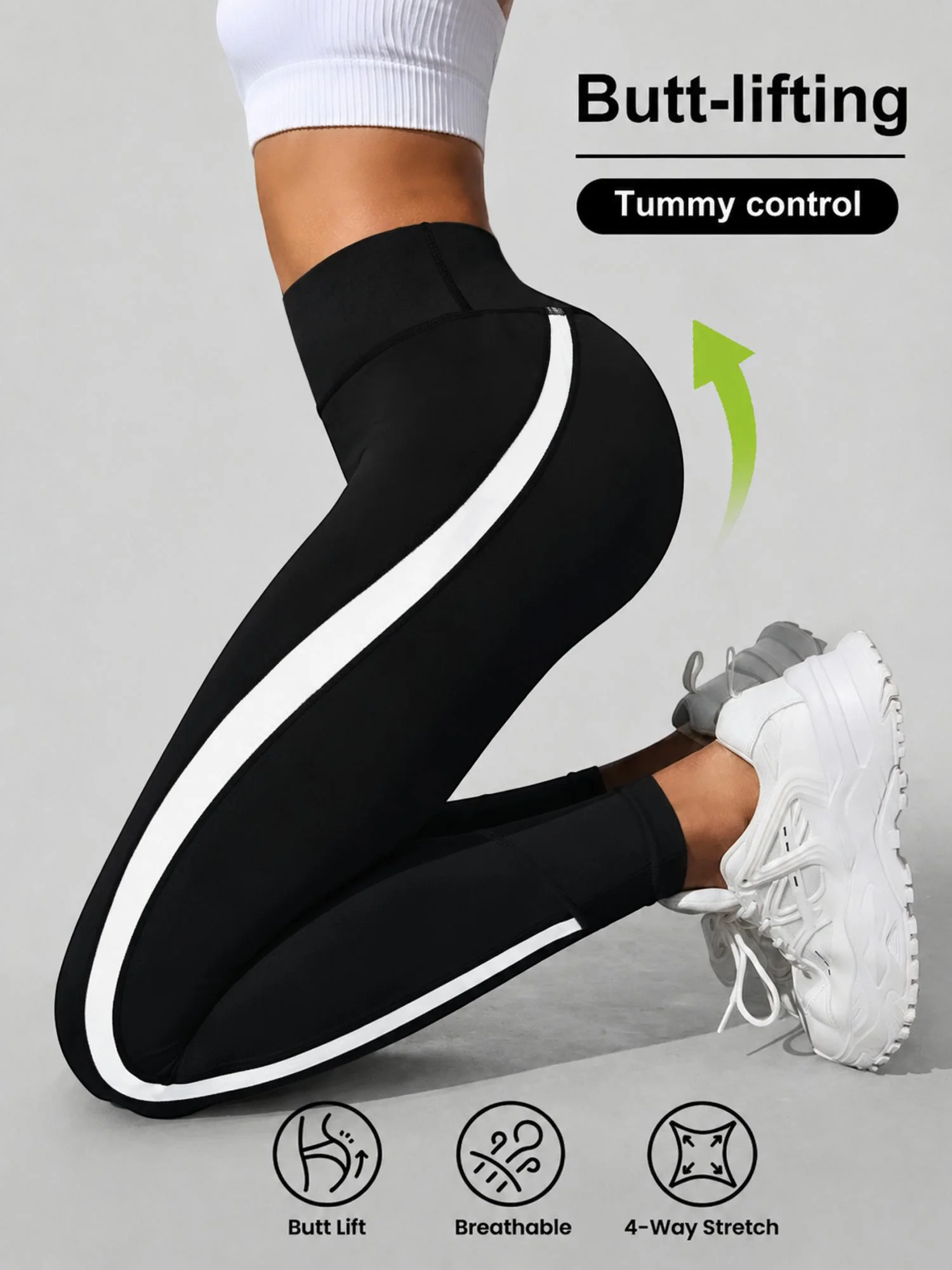 Damen-Alltagsleggings, weiß, mit geschwungenen Seiteneinsätzen, hohe Taille, Bauchkompression, schlanke elastische Street-Hose – Detail 3