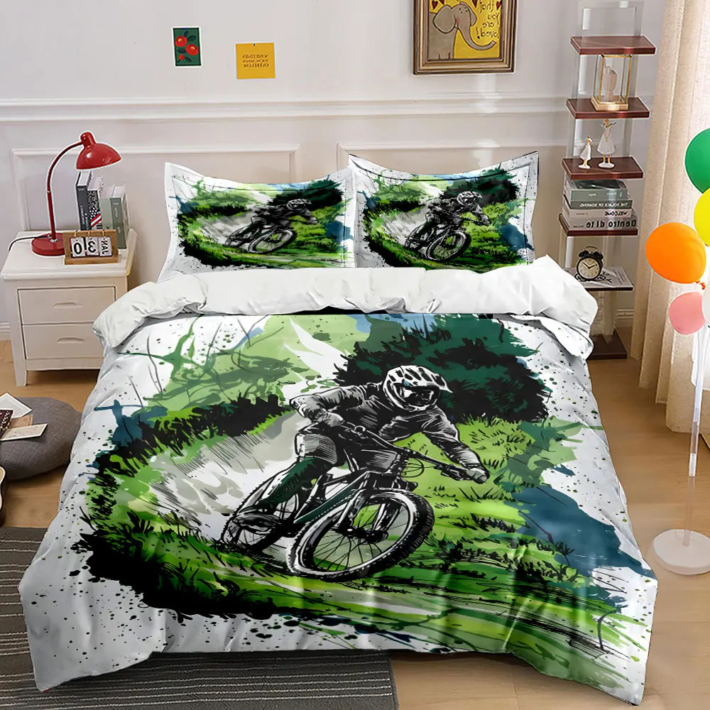Cyclist riding through green terrain Duvet Cover Set with 3D Printing Design Soft Polyester Bedding Set All-Season Comfort