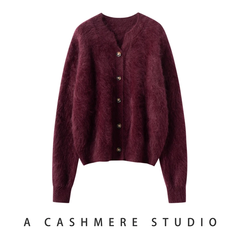 

High-end 100% Cashmere Women V-neck Sweater Fluffy Brushed Cashmere Cardigan Autumn Winter Luxury Simple Style Cashmere Knitwear
