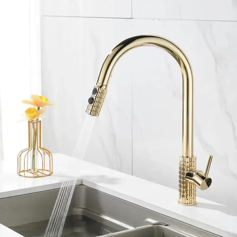 Brushed Gold Pull Out Kitchen Faucet Brass Gray Sink Faucet Tap 360 degree rotation torneira cozinha mixer taps Gold Kitchen Tap