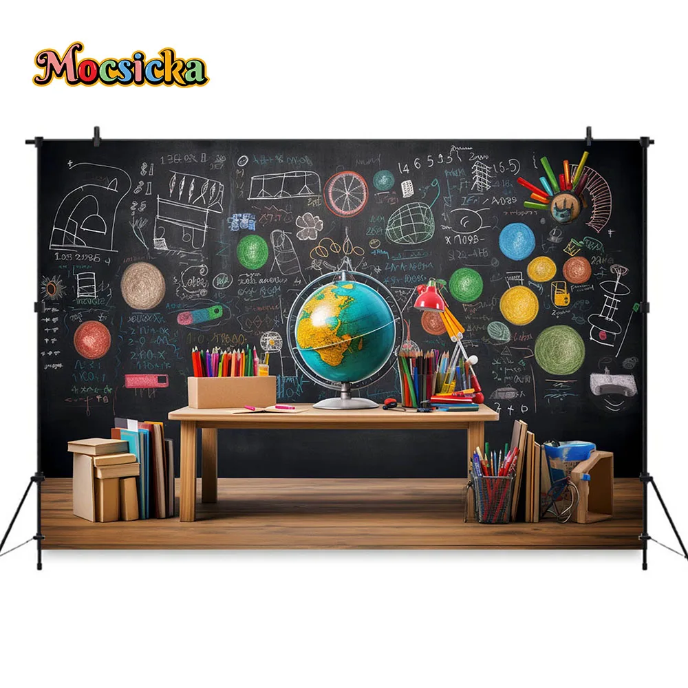 Back To School Photography Background Blackboard Globe Book Student Portrait Background Kid 1st Birthday Cake Smash Photo Studio